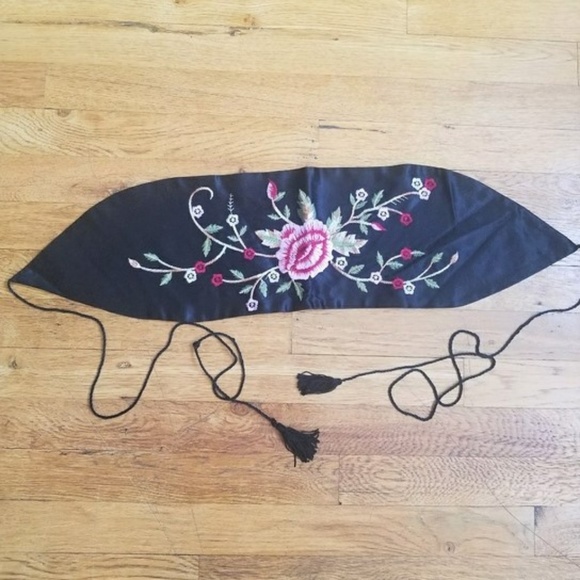 . Accessories - floral satin embroidered obi tie belt with tassels